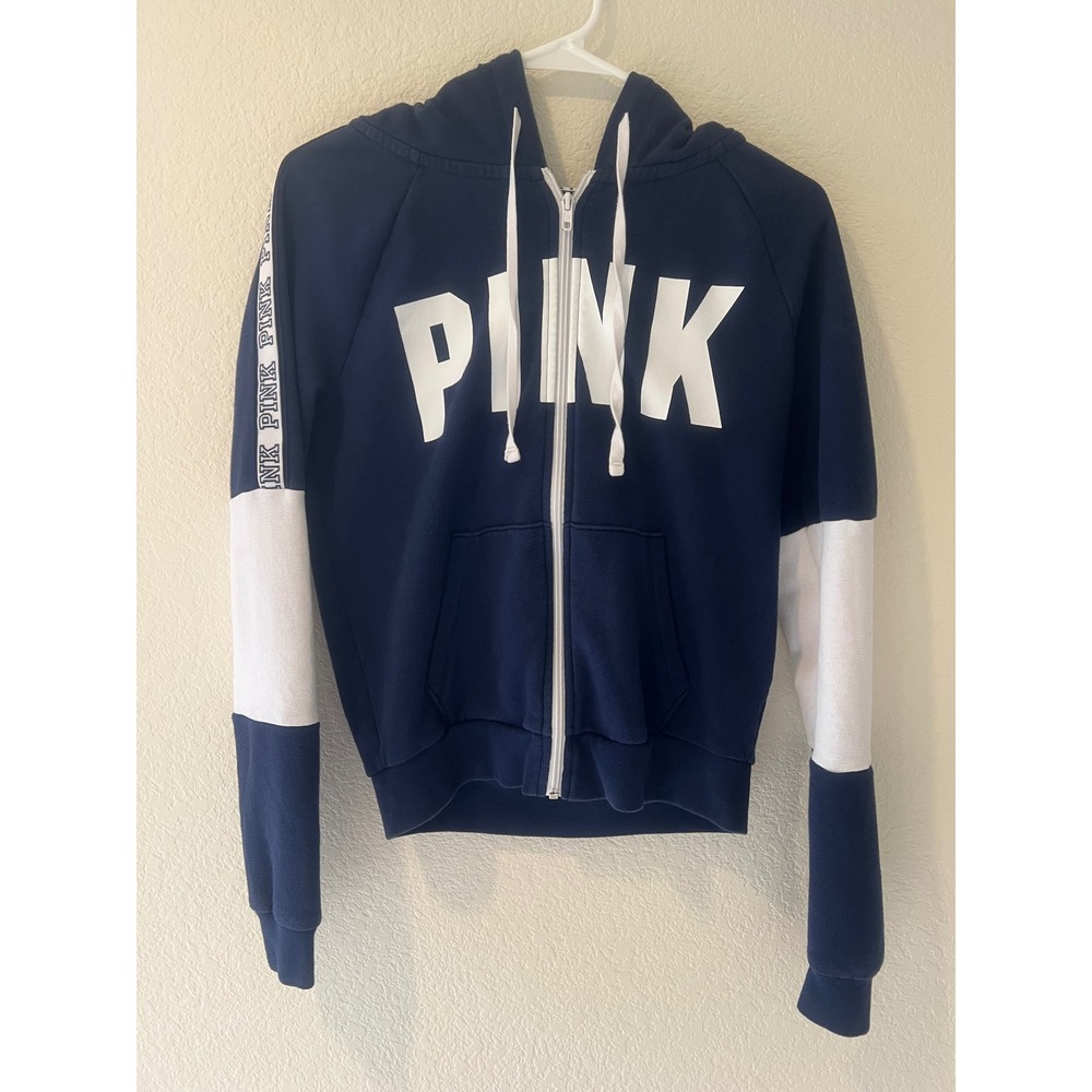Pink Victoria's Secret Navy Blue White Colorblock Zip Up Hoodie Small